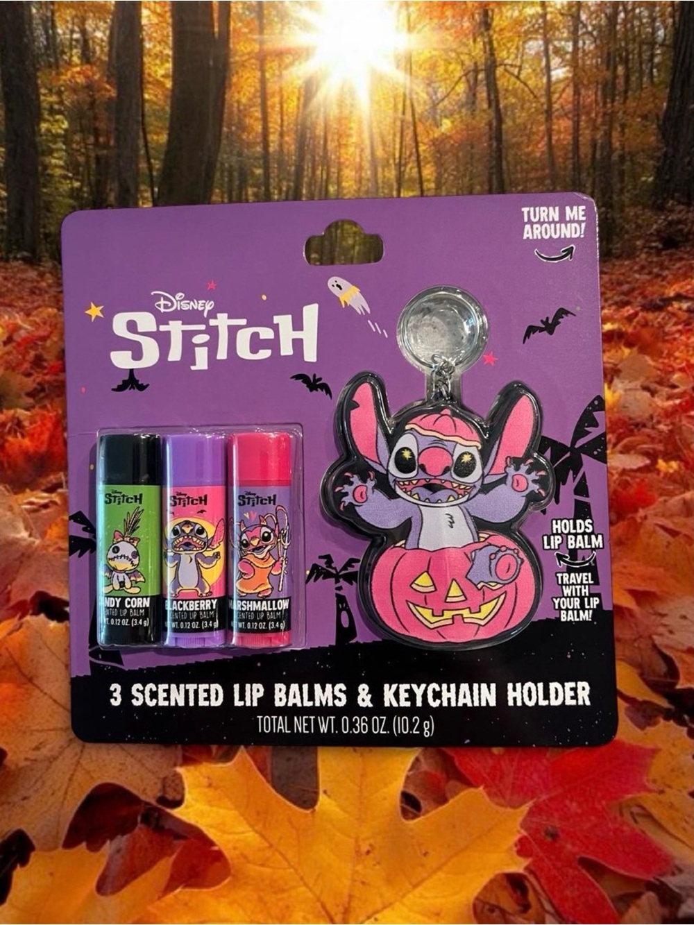 Disney Stitch Halloween Lip Balm 3-Pack with Purple Keychain Holder